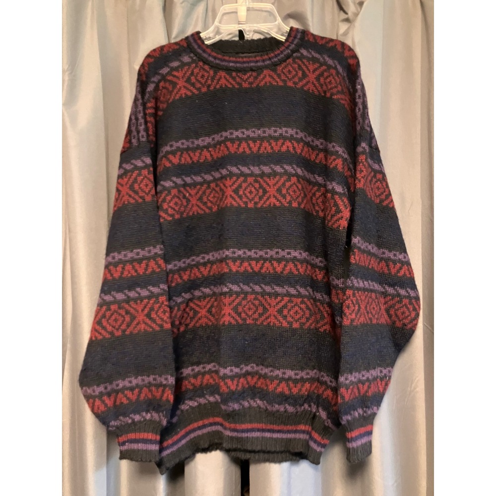 Baby Alpaca Sweater Mens XL Navy Blue Red Fair Isle Geometric 100% Alpaca Wool